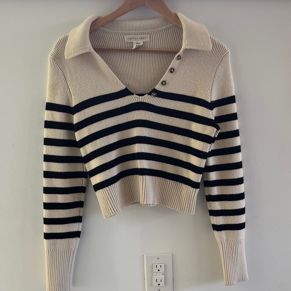 Sandro Beige and Black Striped V-Neck Sweater